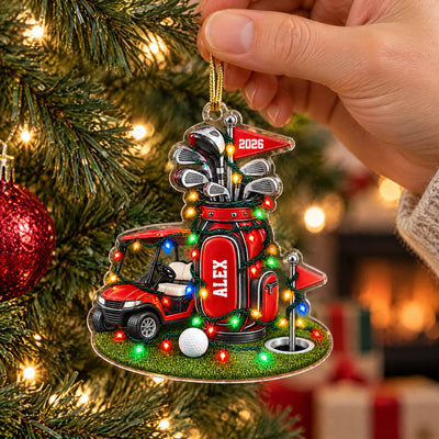 Golf Cart and Bag Faux-3D - Personalized Acrylic Ornament, Gift for Golf Lovers
