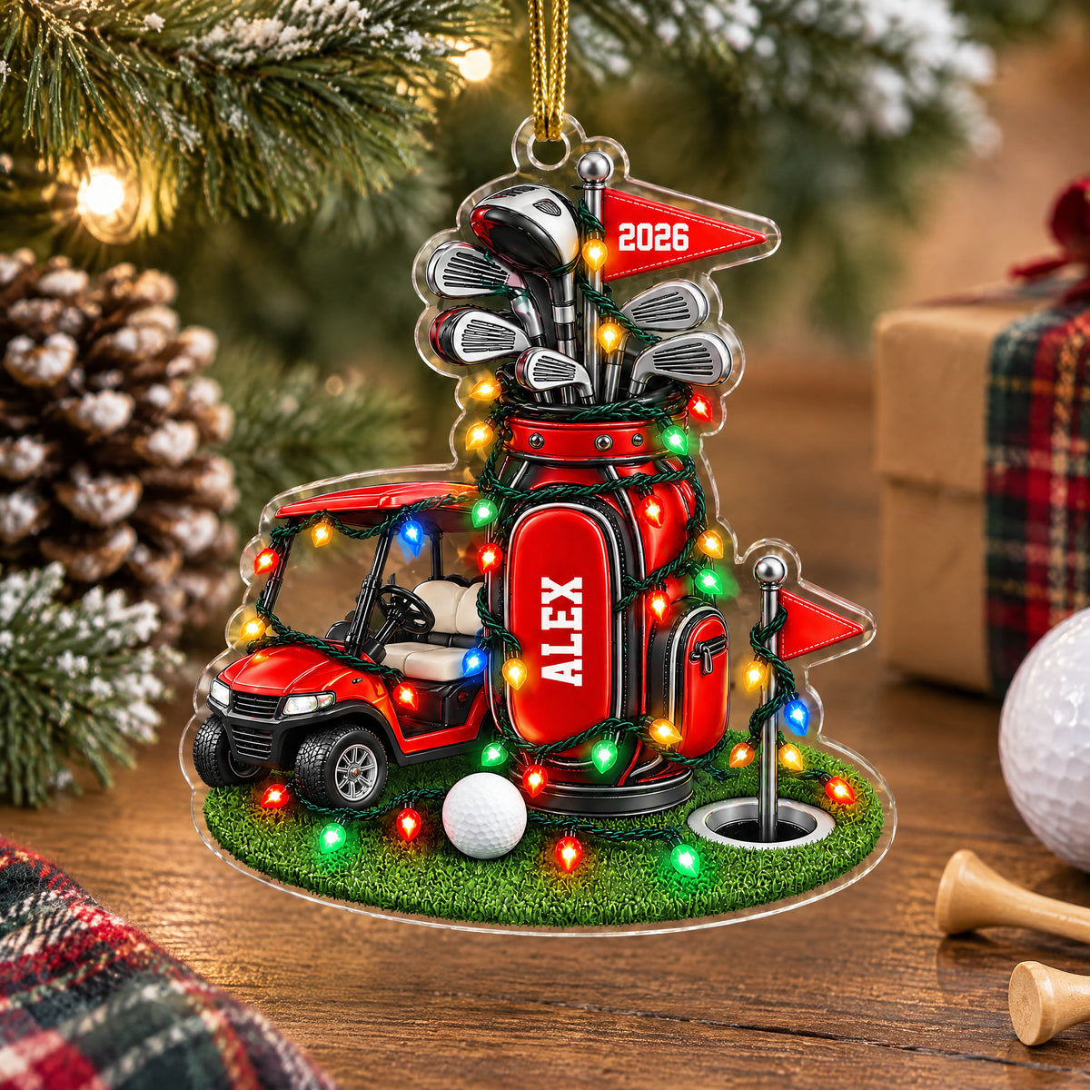 Golf Cart and Bag Faux-3D - Personalized Acrylic Ornament, Gift for Golf Lovers
