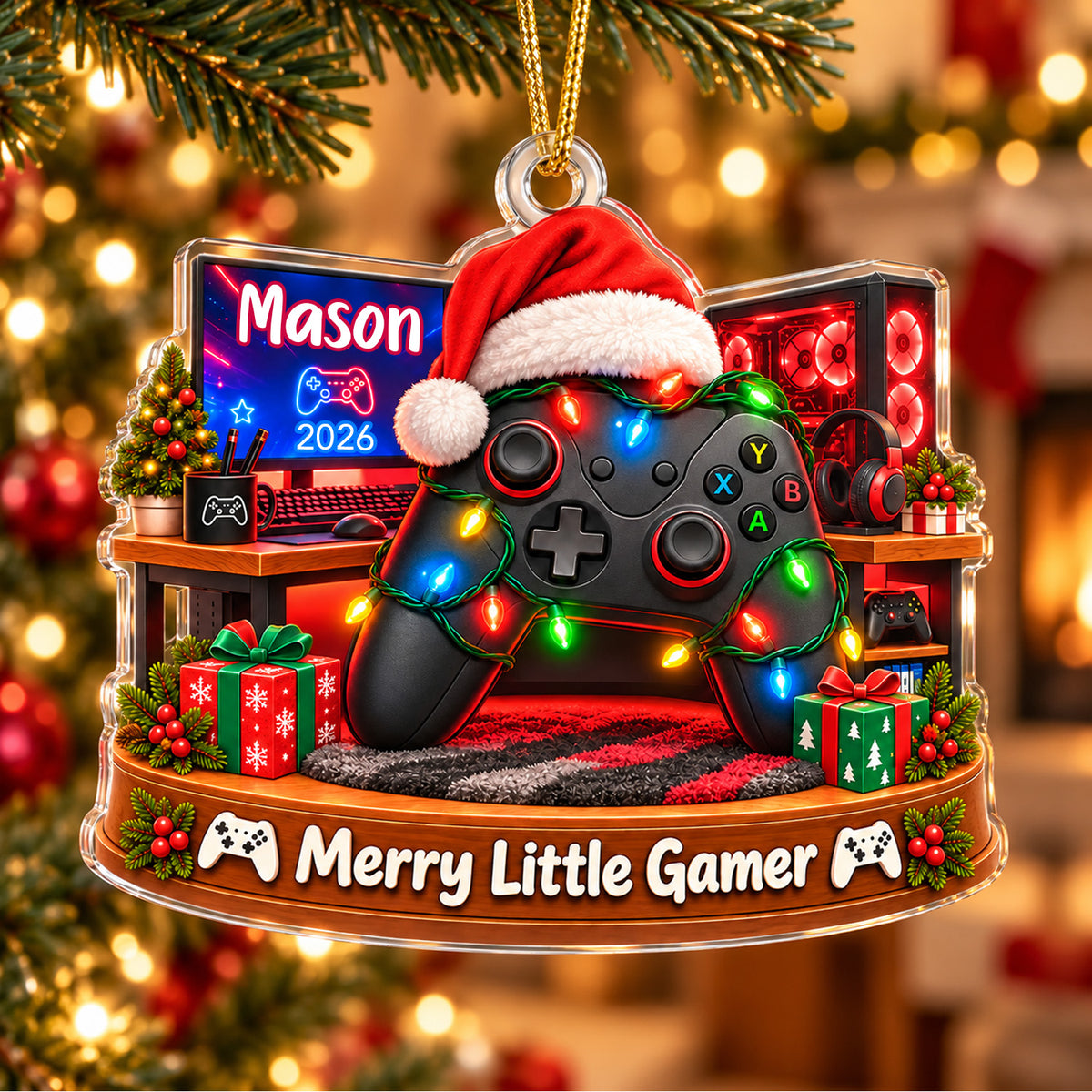 Personalized Acrylic Santa Hat Controller Ornament hanging on a decorated tree with warm glowing lights