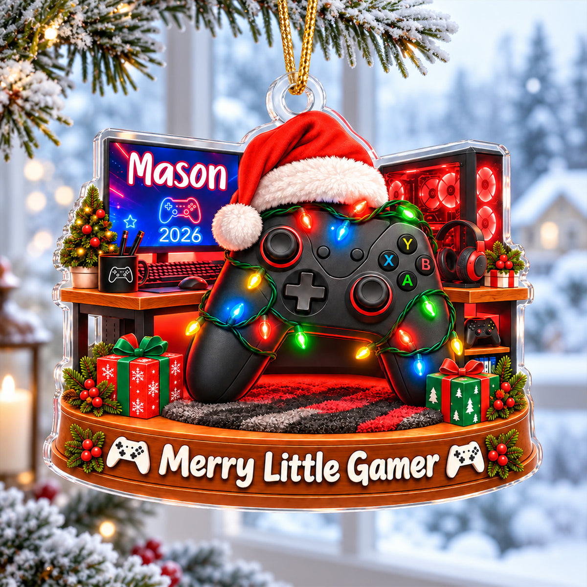 Personalized Acrylic Santa Hat Controller Ornament hanging by a snowy window with frosted branches outside