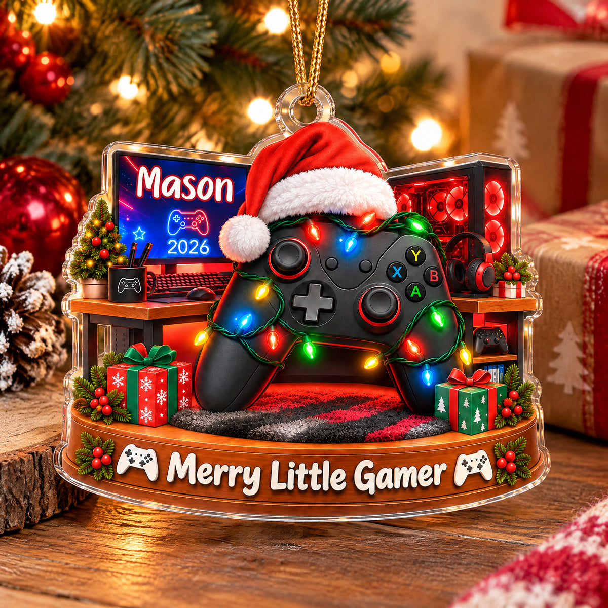 Personalized Acrylic Santa Hat Controller Ornament resting on a wooden surface near wrapped gifts