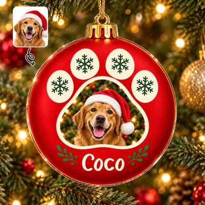 Personalized Acrylic Ornament Paw Print Frame hanging on a lit tree, dog in Santa hat and name Coco, photo inset at top left