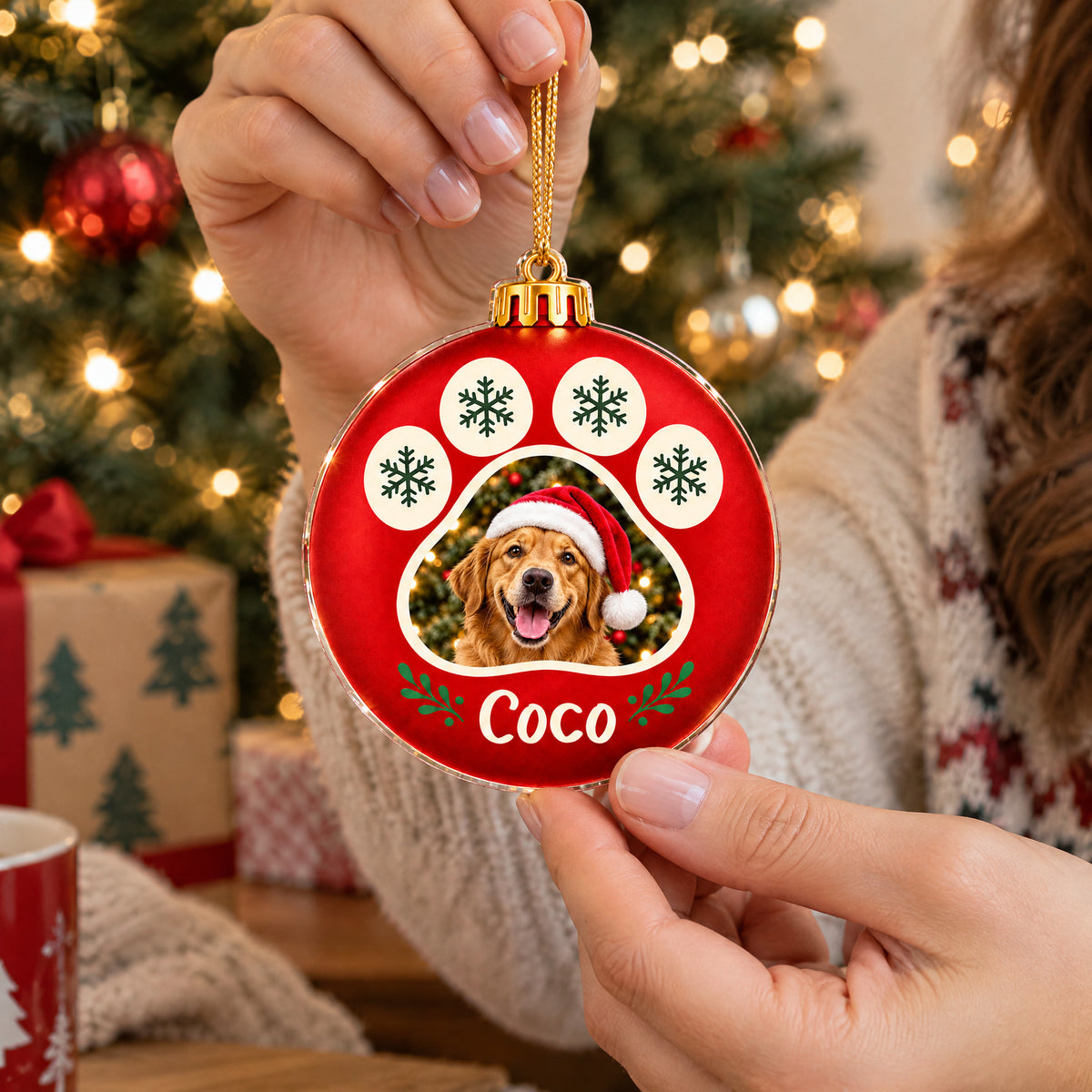 Personalized Acrylic Ornament Paw Print Frame held in two hands beside a tree, gift box and red mug