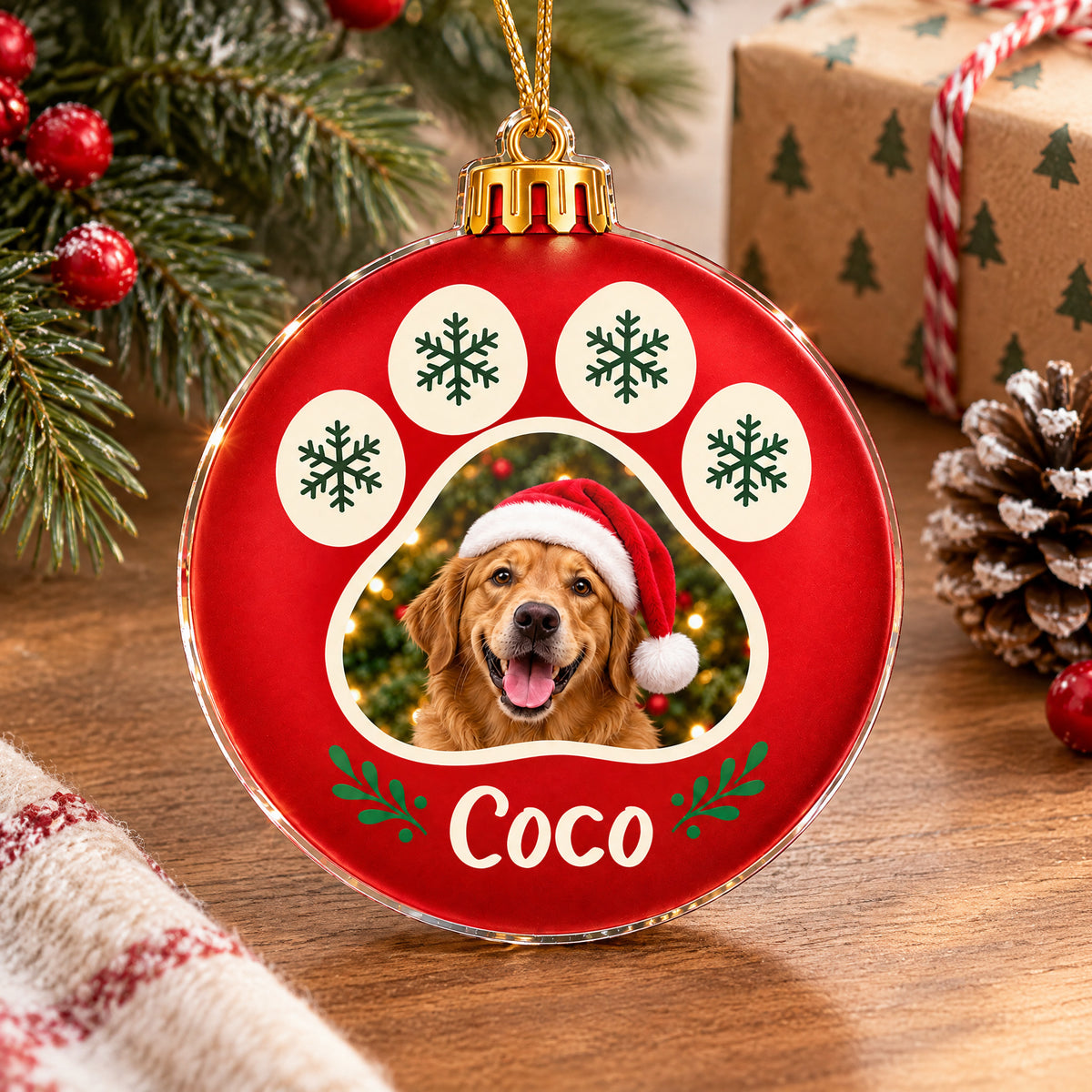 Personalized Acrylic Ornament Paw Print Frame standing on a wooden table with pine branches, pinecone and candy cane gift