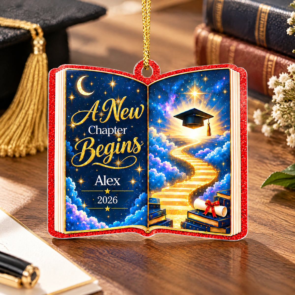 Personalized acrylic celestial graduation ornament standing on a wooden desk with books, a pen and white flowers