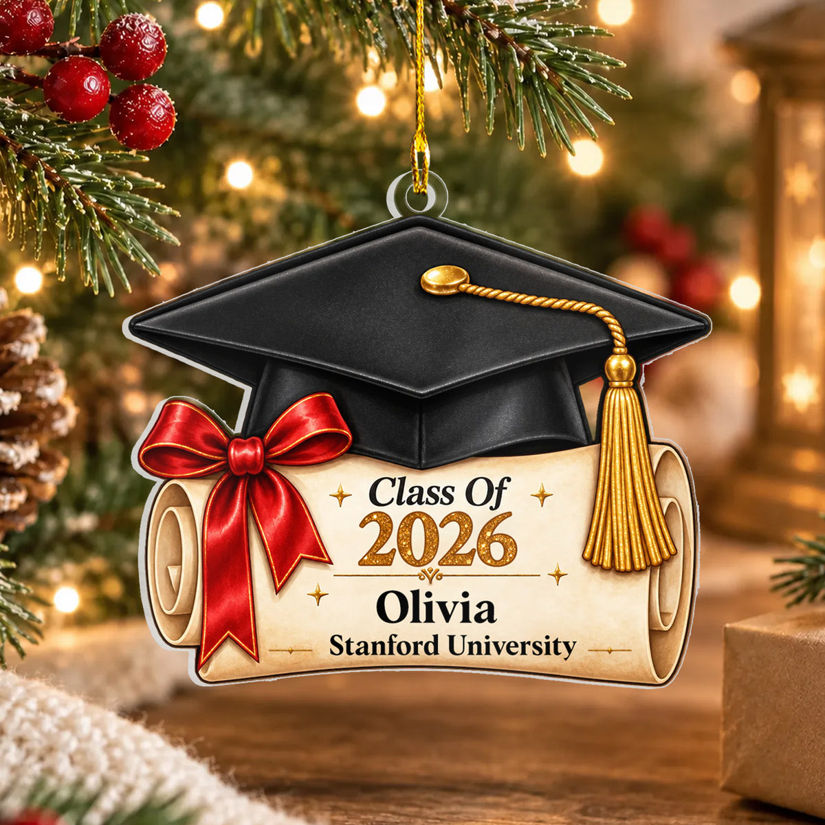 Personalized graduation cap acrylic ornament hanging on a pine branch with red berries and warm lights