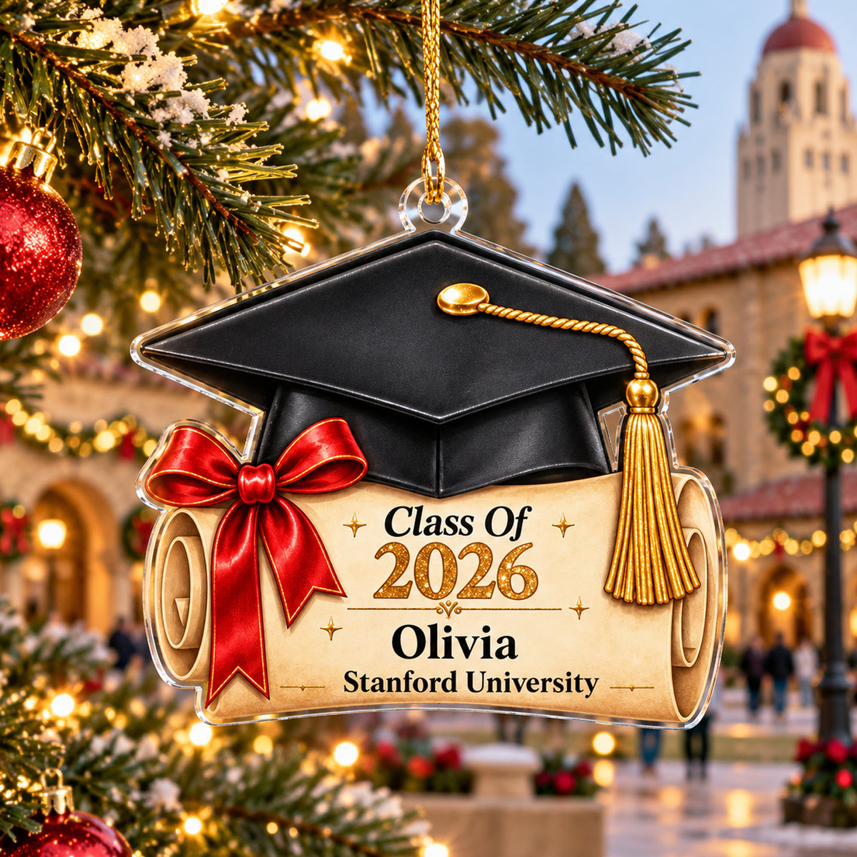 Personalized graduation cap acrylic ornament on a tree with red baubles and a decorated campus building behind