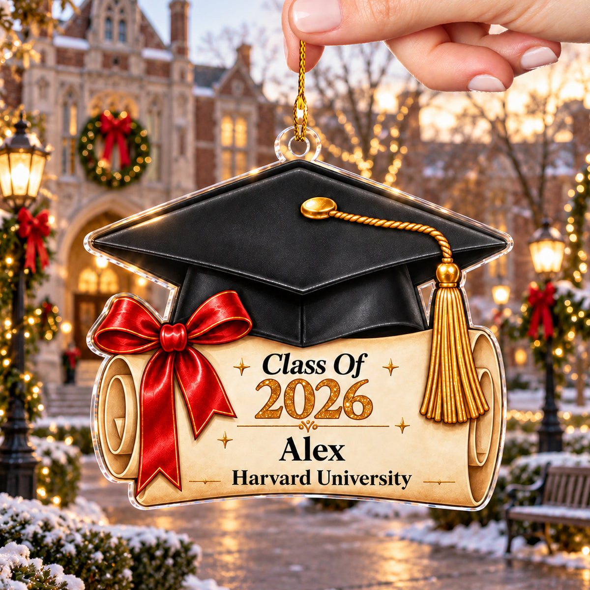 Personalized graduation cap acrylic ornament held by a hand outside a stone building with lamp posts and wreaths