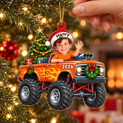 Orange Monster Truck With Santa Hat Child - Personalized Acrylic Ornament, Custom Photo, Name And Year, Christmas Gift for Son