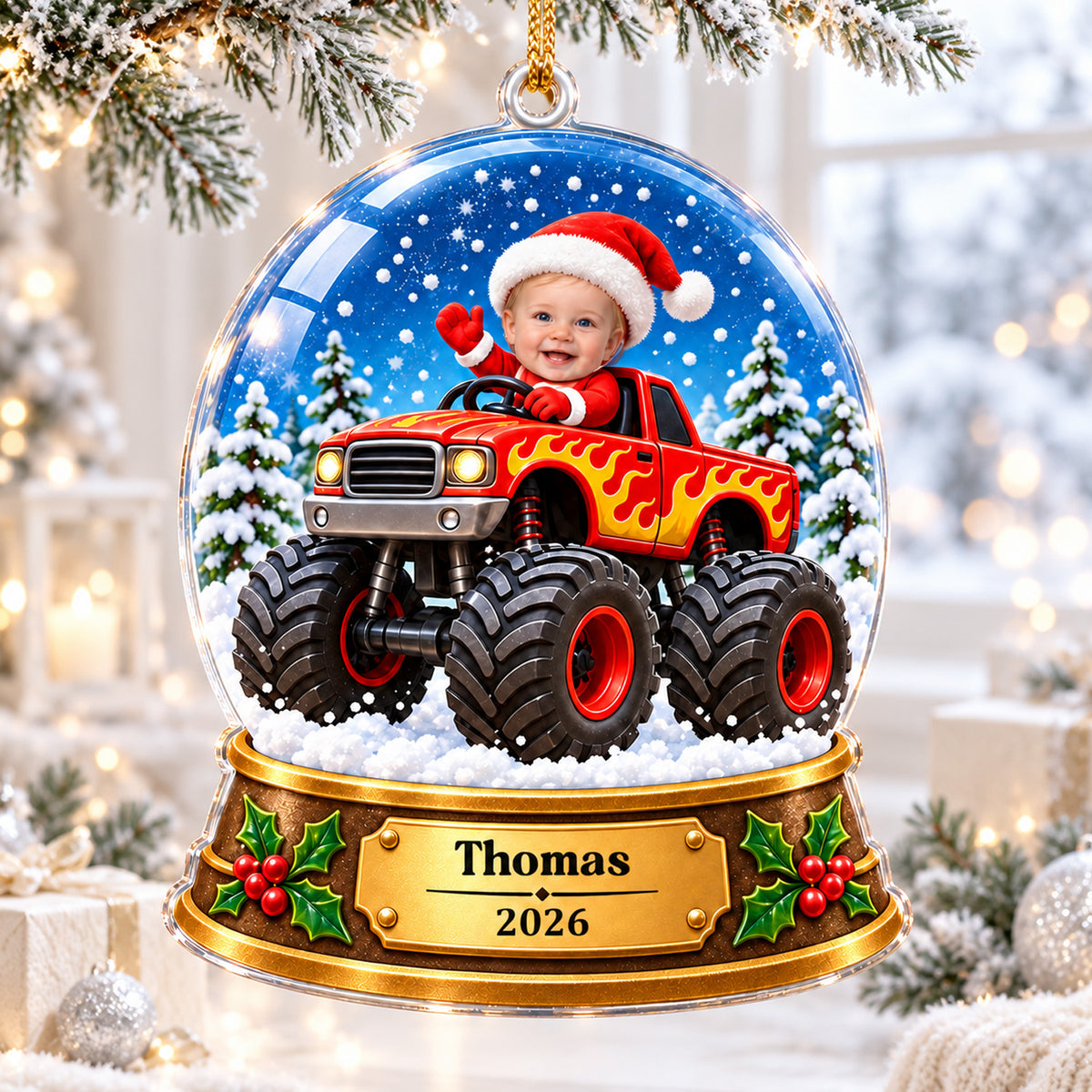 Personalized monster truck snow globe acrylic ornament in a snowy window scene with gift boxes