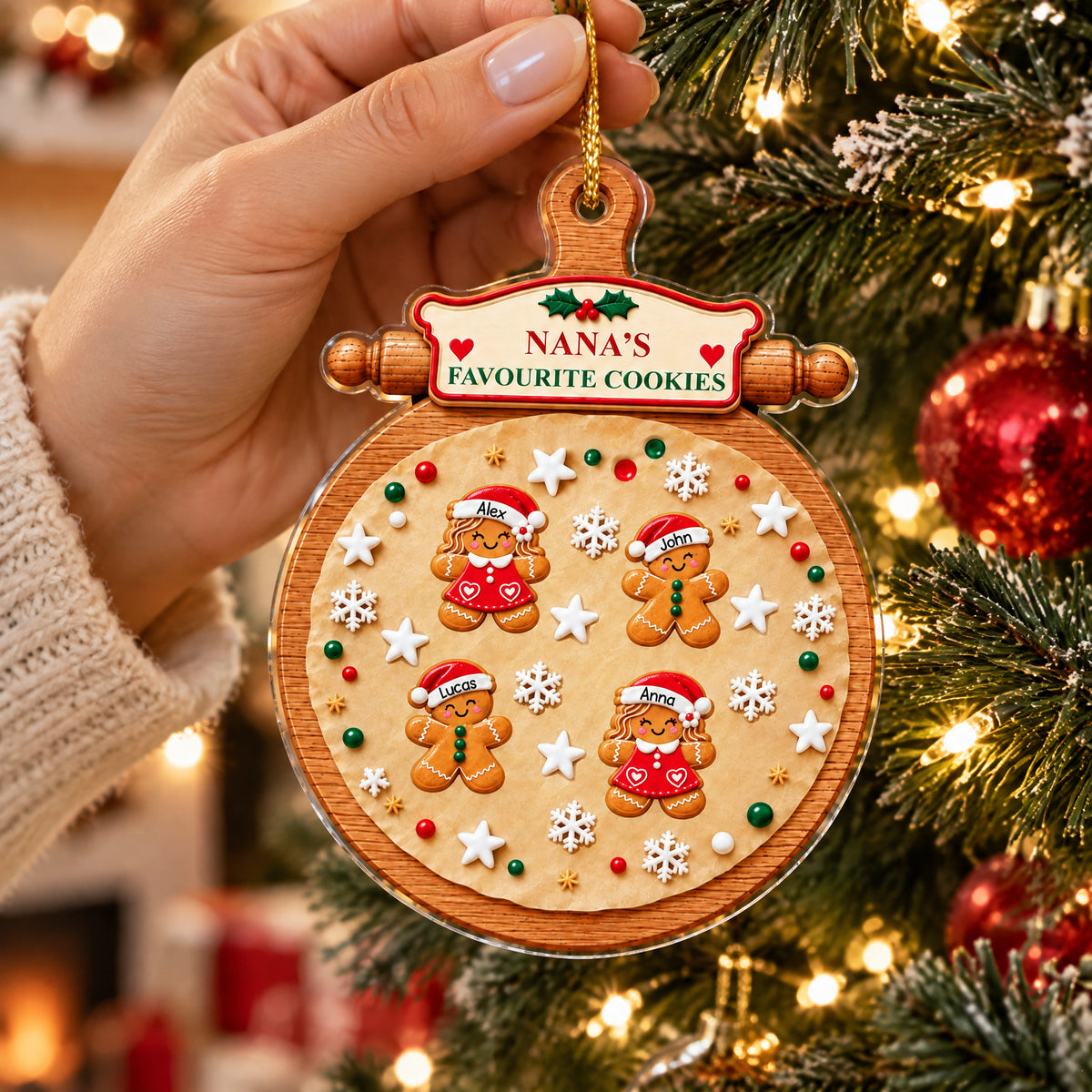Grandma's Favorite Cookies - Personalized 3D White Acrylic Ornament, Gingerbread Family Christmas