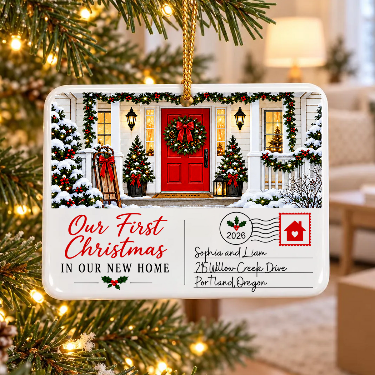 Personalized postcard rectangle ceramic ornament hanging on a lit Christmas tree with warm lights