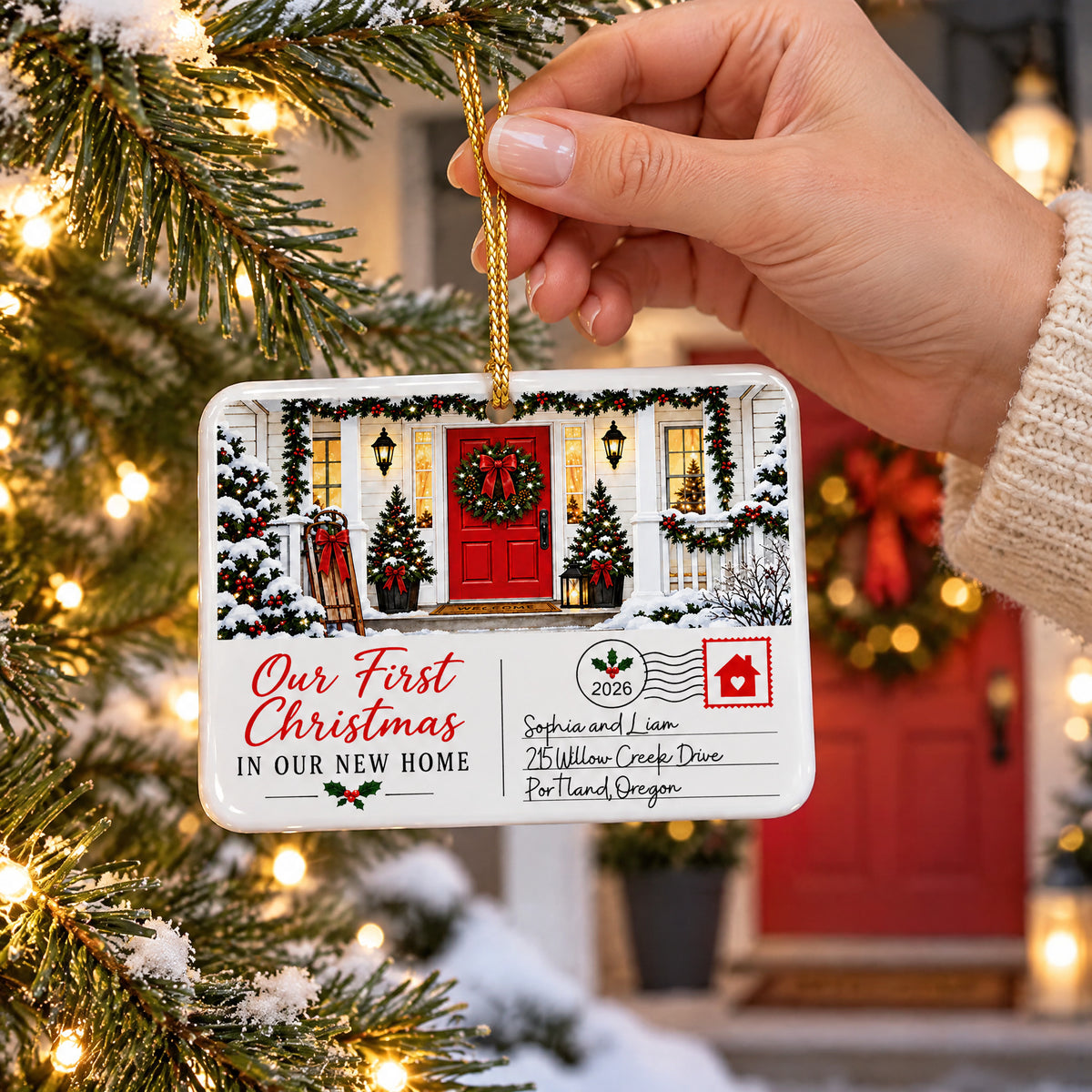 Personalized postcard rectangle ceramic ornament held by a hand on a gold cord near a snowy tree