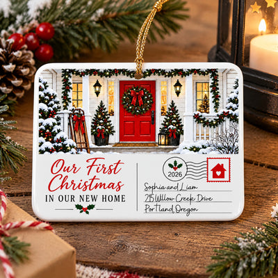Personalized postcard rectangle ceramic ornament on a wooden table with pinecones, a lantern and a wrapped gift