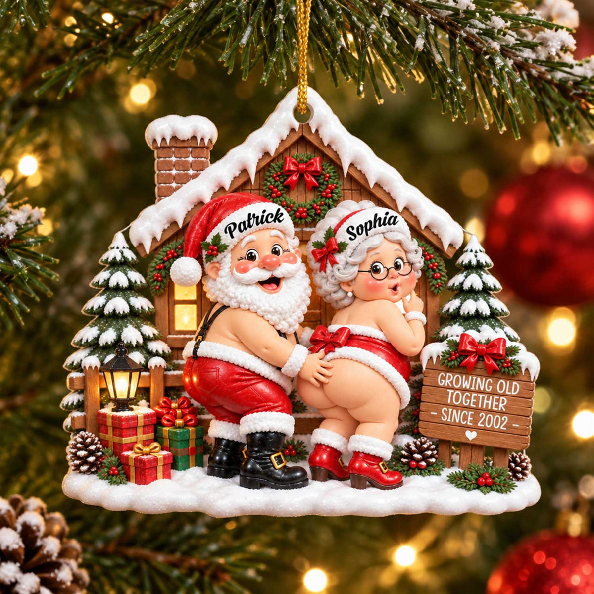 Personalized Acrylic Ornament Santa Couple front view with snowy cabin, wreath and Growing Old Together sign