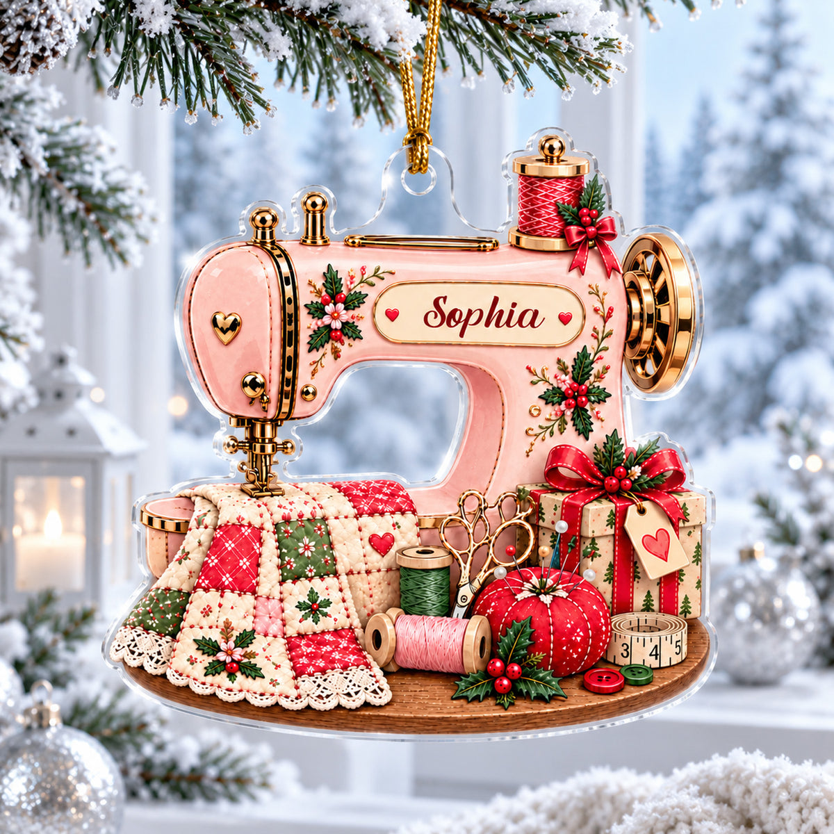 Personalized Sewing Machine Acrylic Ornament on a snowy branch with a lantern and frosted trees in the window