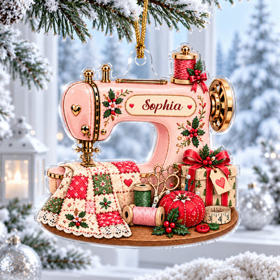 Personalized Sewing Machine Acrylic Ornament on a snowy branch with a lantern and frosted trees in the window