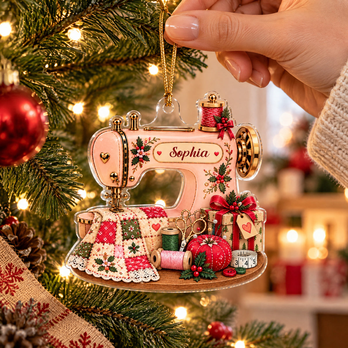 Personalized Sewing Machine Acrylic Ornament held by a hand beside red baubles and a lit Christmas tree