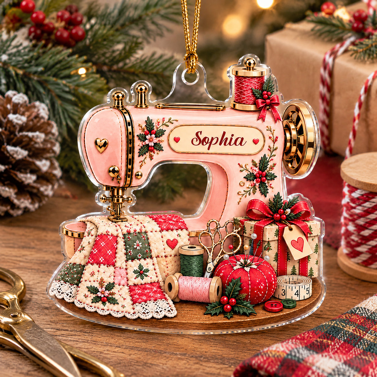 Personalized Sewing Machine Acrylic Ornament on a wooden table with scissors, a pinecone, twine spool and plaid cloth