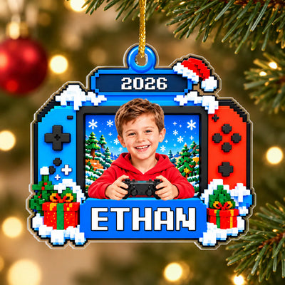 Pixel Game Console Child Portrait-  Personalized Acrylic Ornament, Custom Photo, Name And Year, Christmas Gift for Son