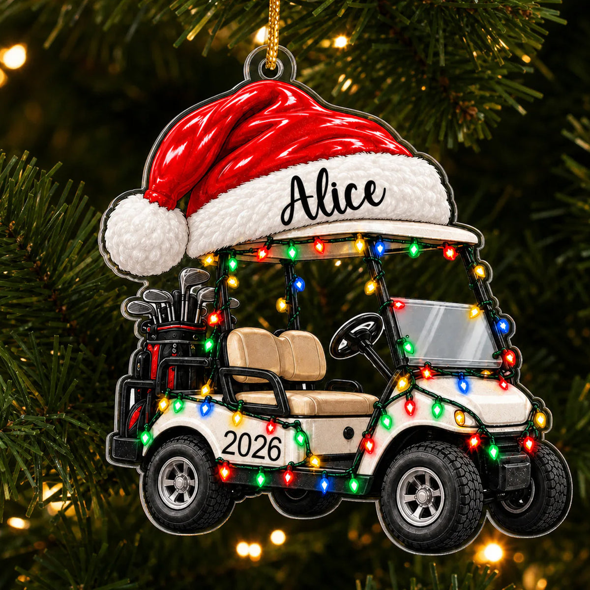 Golf Cart Santa Hat - Personalized Acrylic Ornament, Custom Name Golf Lovers Christmas Ornament