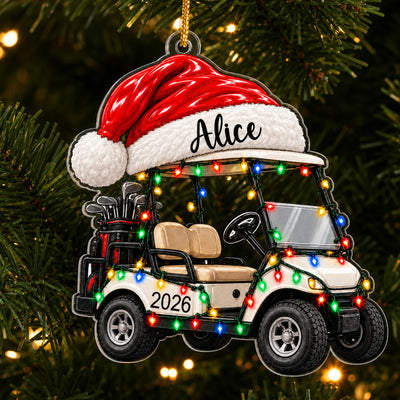 Golf Cart Santa Hat - Personalized Acrylic Ornament, Custom Name Golf Lovers Christmas Ornament