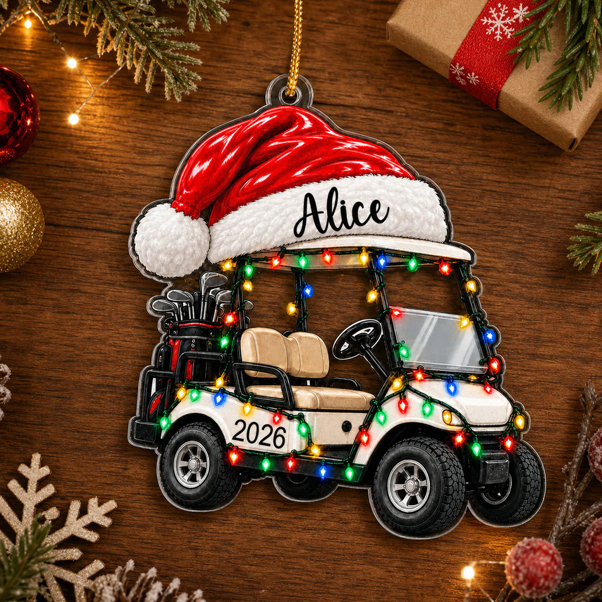Golf Cart Santa Hat - Personalized Acrylic Ornament, Custom Name Golf Lovers Christmas Ornament