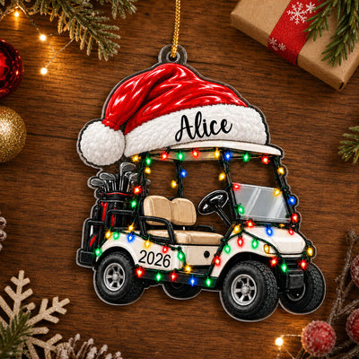 Golf Cart Santa Hat - Personalized Acrylic Ornament, Custom Name Golf Lovers Christmas Ornament