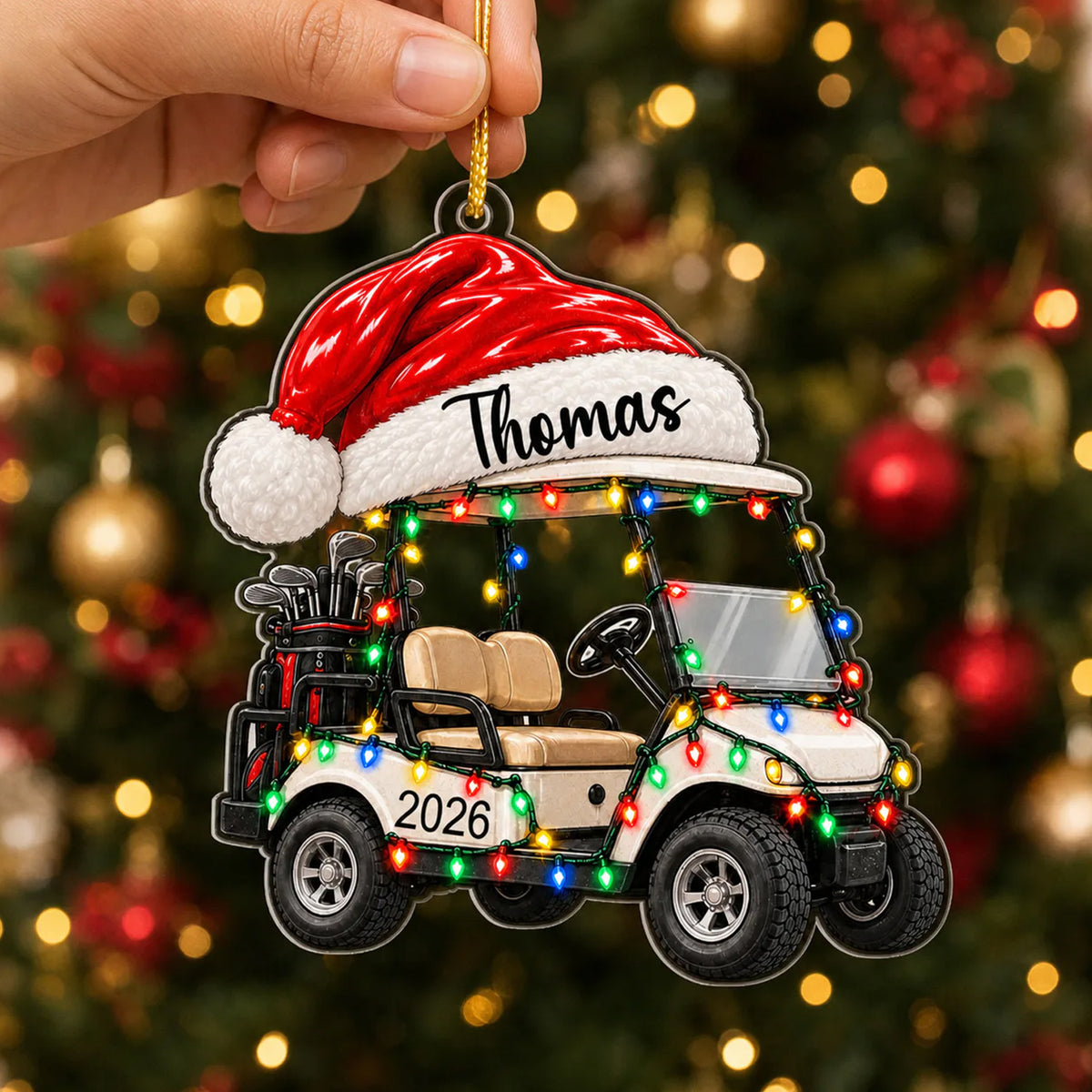 Golf Cart Santa Hat - Personalized Acrylic Ornament, Custom Name Golf Lovers Christmas Ornament