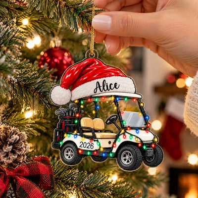 Golf Cart Santa Hat - Personalized Acrylic Ornament, Custom Name Golf Lovers Christmas Ornament