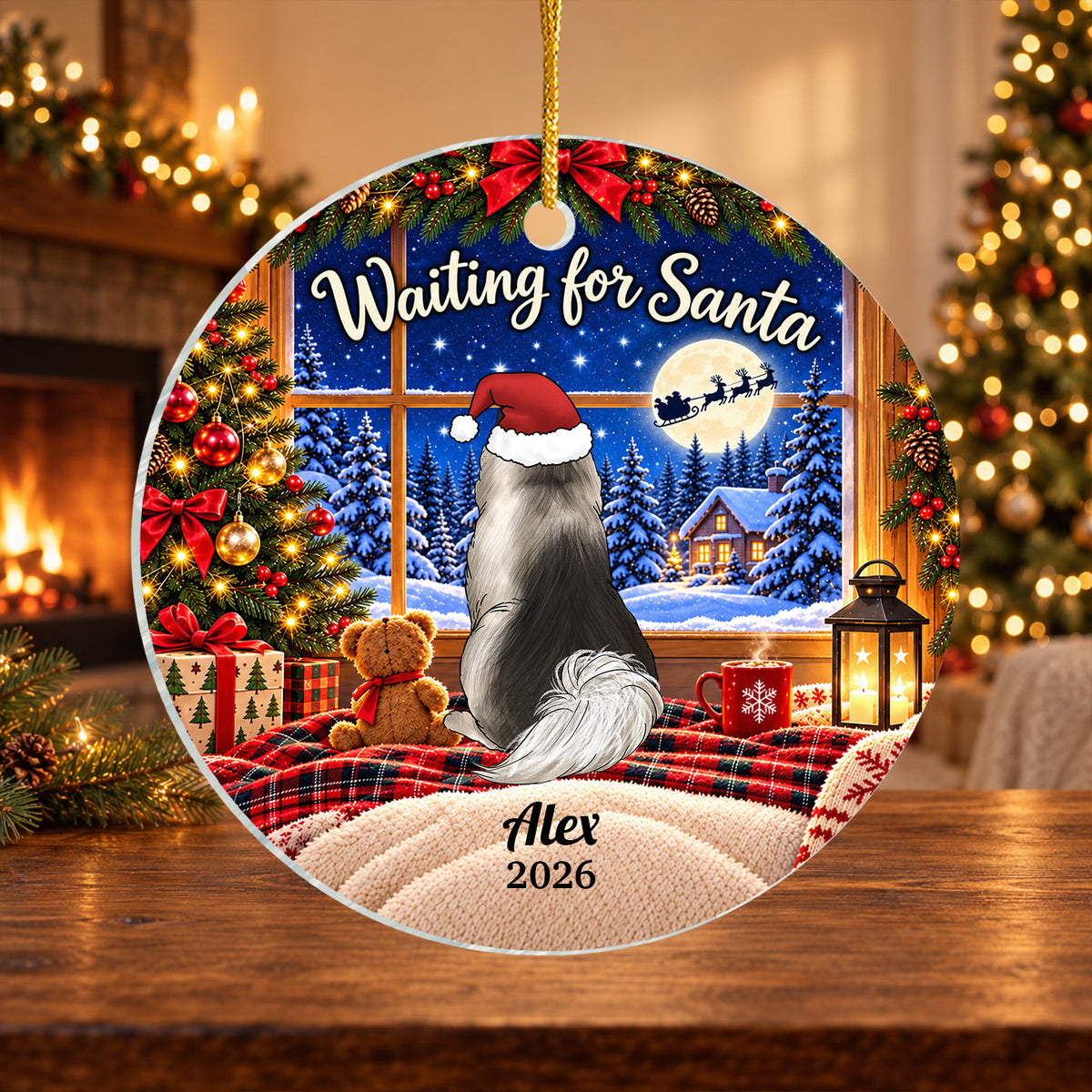 Waiting For Santa - Personalized Acrylic Ornament, Pet Lovers Gift With Custom Name &amp; Year