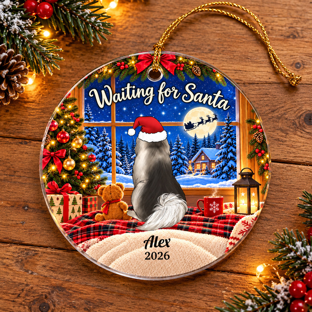 Waiting For Santa - Personalized Acrylic Ornament, Pet Lovers Gift With Custom Name &amp; Year