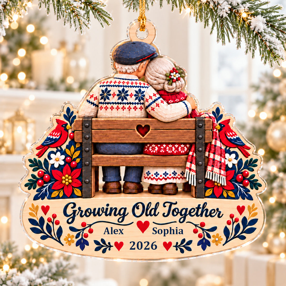 Growing Old Together Personalized Acrylic Ornament hanging on a snowy branch near white candles and warm lights
