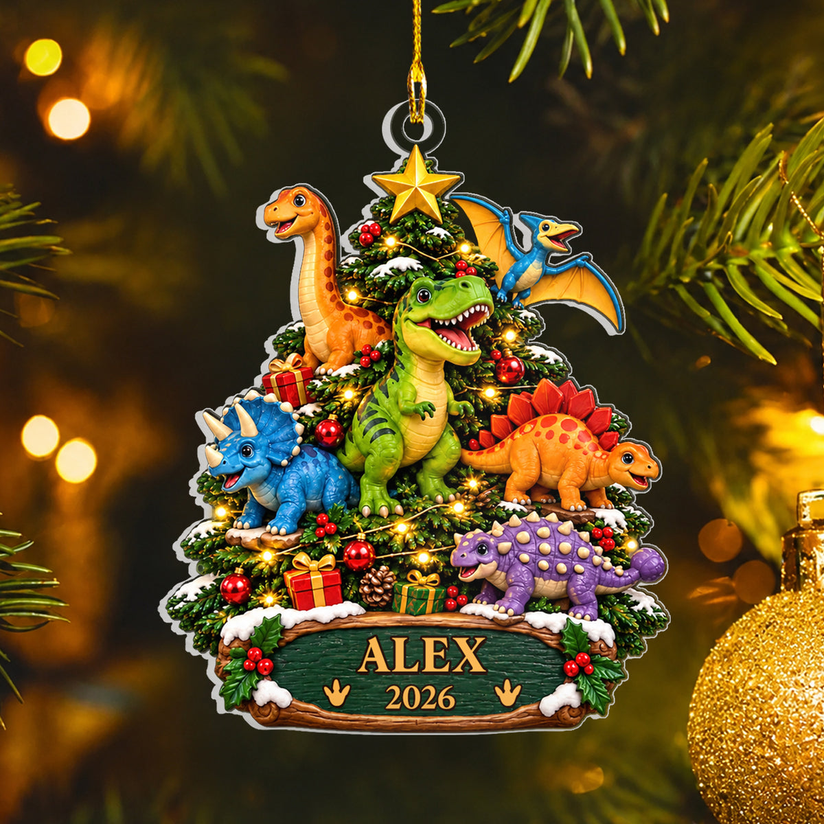 Personalized acrylic dinosaur ornament reading Alex 2026 hanging by a gold cord near a gold bauble