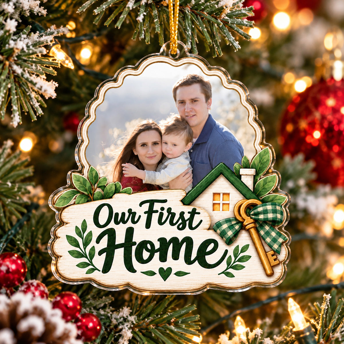 Personalized Our First Home Christmas Acrylic Ornament, Custom Family Photo and Pet New House Keepsake, First Home Holiday Tree Decoration, Housewarming Gift for Couple