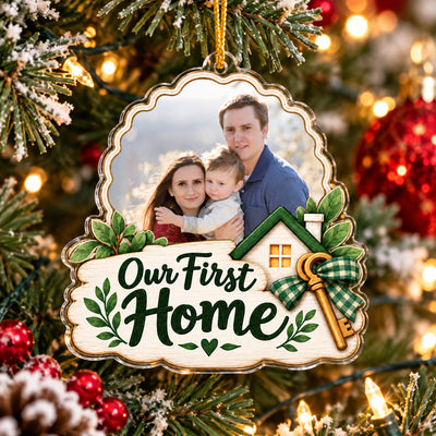Personalized Our First Home Christmas Acrylic Ornament, Custom Family Photo and Pet New House Keepsake, First Home Holiday Tree Decoration, Housewarming Gift for Couple