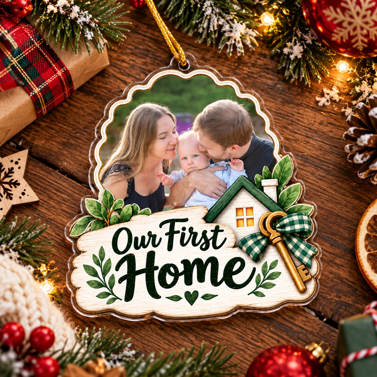 Personalized Our First Home Christmas Acrylic Ornament, Custom Family Photo and Pet New House Keepsake, First Home Holiday Tree Decoration, Housewarming Gift for Couple