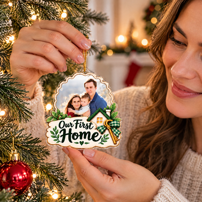 Personalized Our First Home Christmas Acrylic Ornament, Custom Family Photo and Pet New House Keepsake, First Home Holiday Tree Decoration, Housewarming Gift for Couple