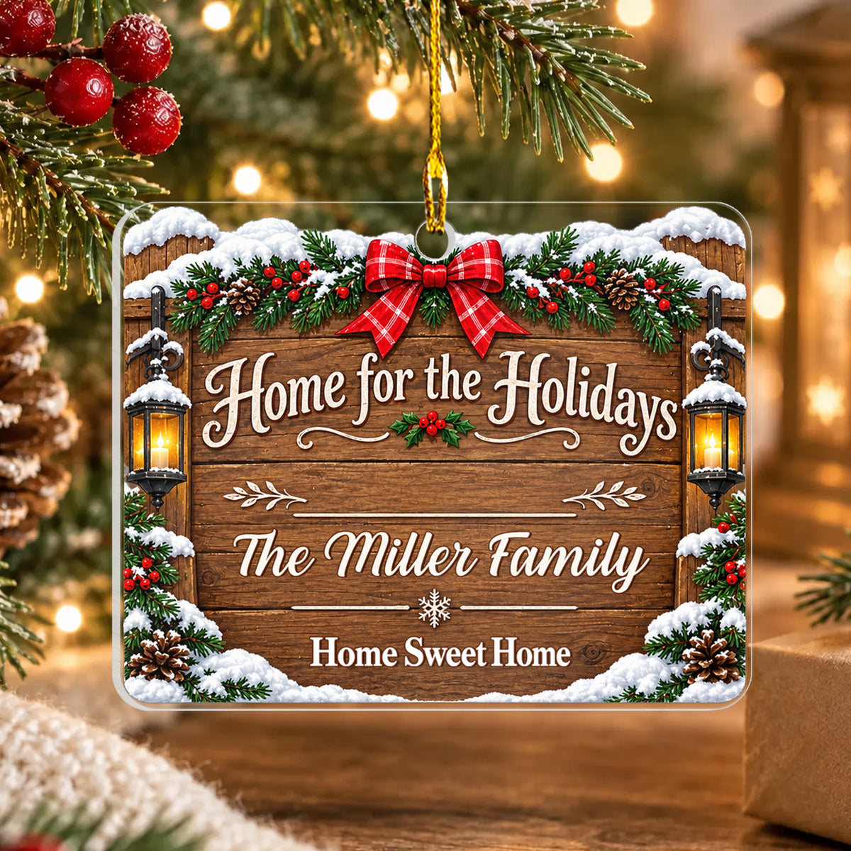 Home For The Holidays - Personalized Acrylic Ornament, Rustic Wood Address Sign Christmas Gift