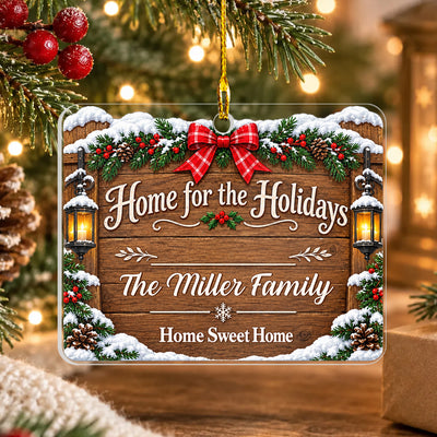 Home For The Holidays - Personalized Acrylic Ornament, Rustic Wood Address Sign Christmas Gift