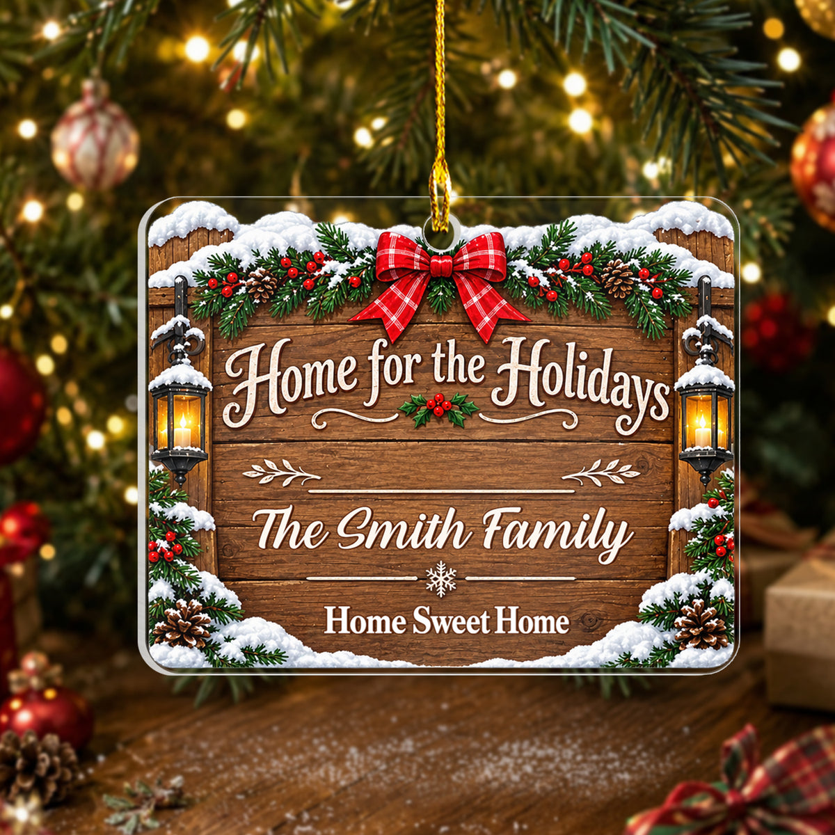 Home For The Holidays - Personalized Acrylic Ornament, Rustic Wood Address Sign Christmas Gift