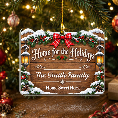 Home For The Holidays - Personalized Acrylic Ornament, Rustic Wood Address Sign Christmas Gift