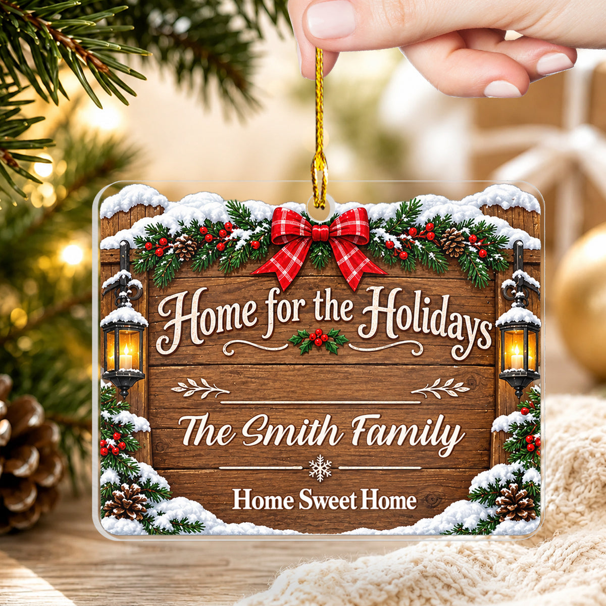 Home For The Holidays - Personalized Acrylic Ornament, Rustic Wood Address Sign Christmas Gift