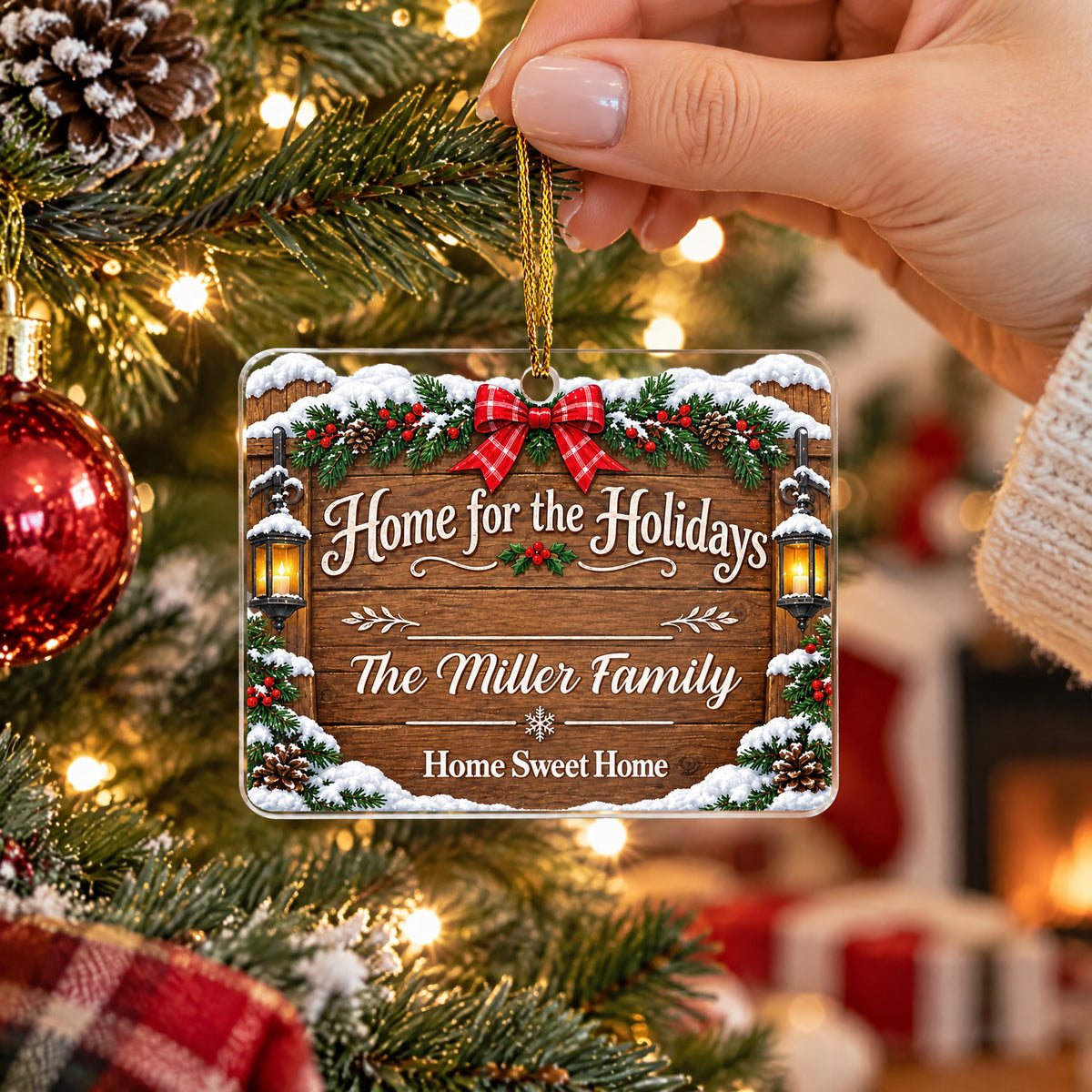 Home For The Holidays - Personalized Acrylic Ornament, Rustic Wood Address Sign Christmas Gift