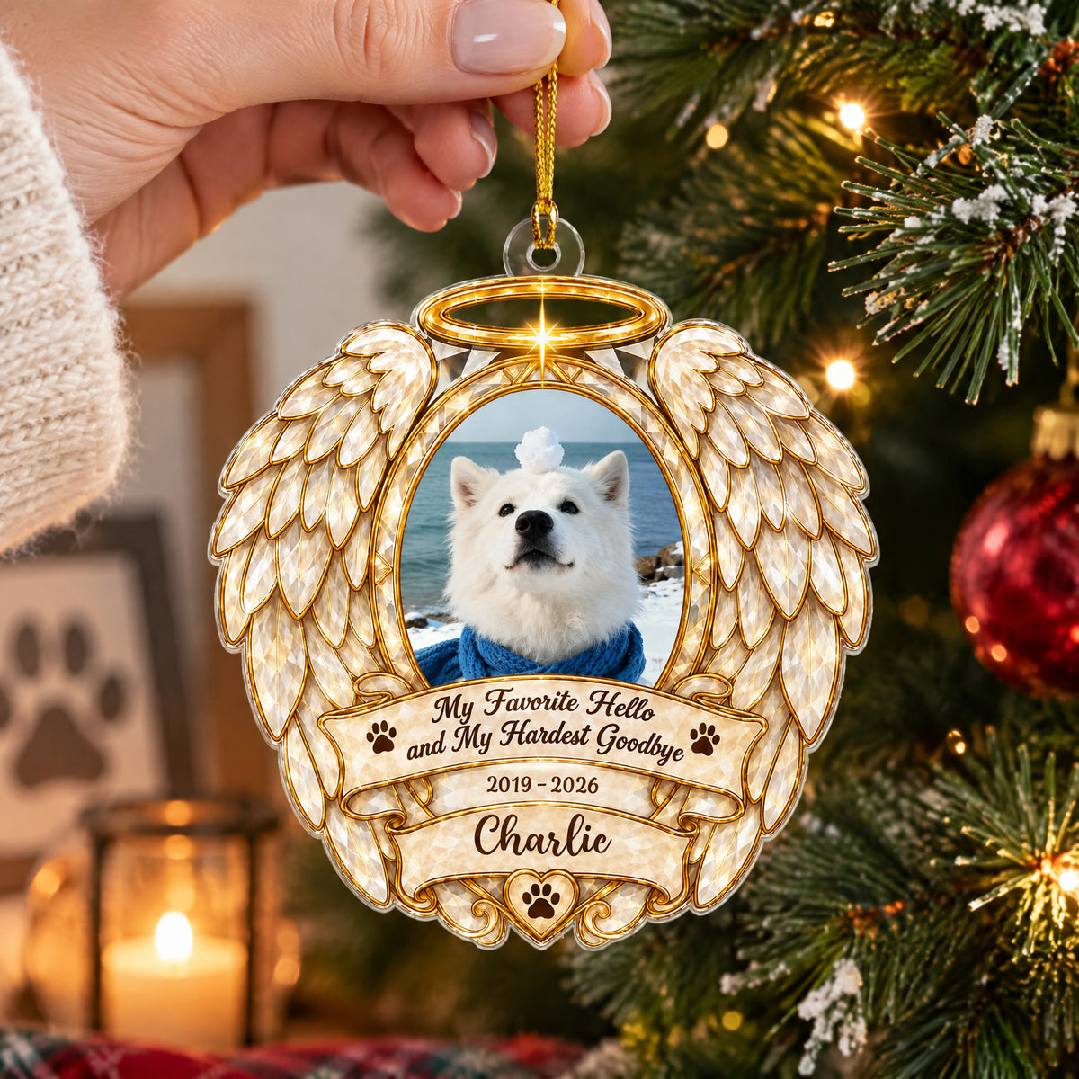 My Favorite Hello and My Hardest Goodbye- Personalized Acrylic Ornament, Angel Wings Pet Memorial Christmas Gift
