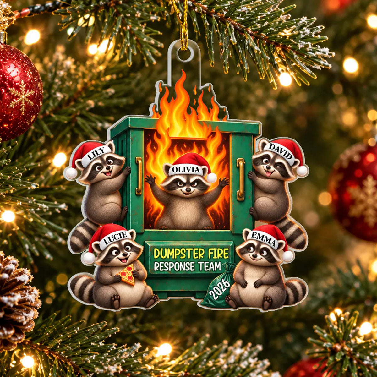 Dumpster Fire Response Team Personalized Acrylic Ornament with five raccoons on a tree among red baubles and pinecone
