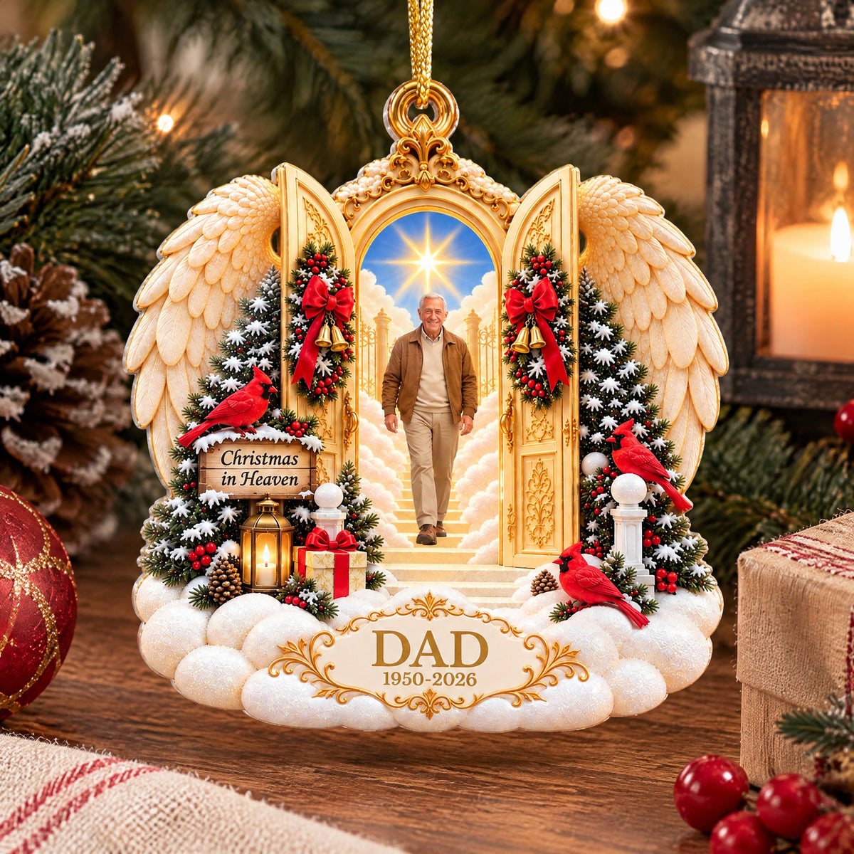 Christmas In Heaven Personalized Acrylic Ornament on a wooden table with a candle lantern, pinecone and red baubles