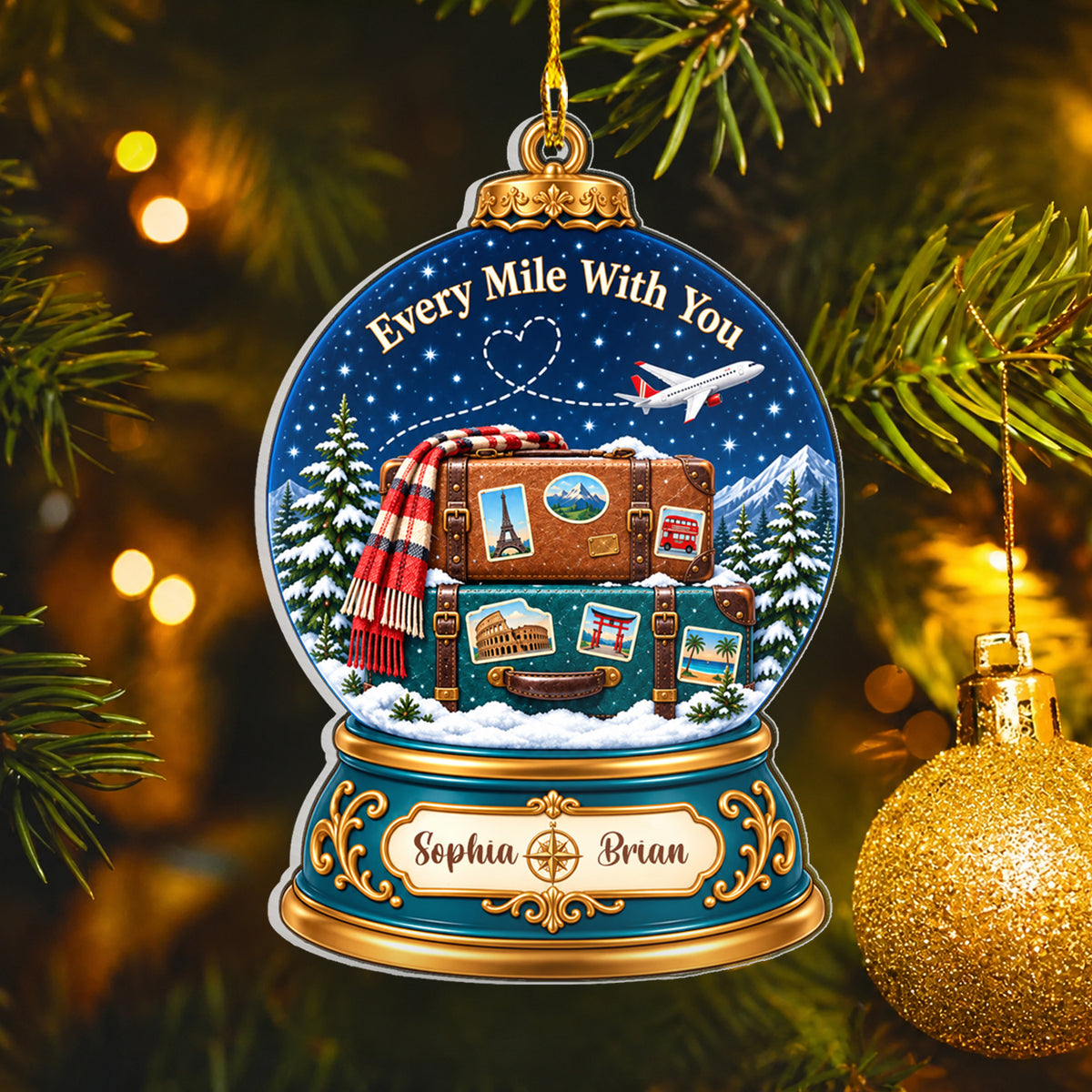 Personalized acrylic snow globe ornament beside a gold glitter bauble on a tree with blurred lights