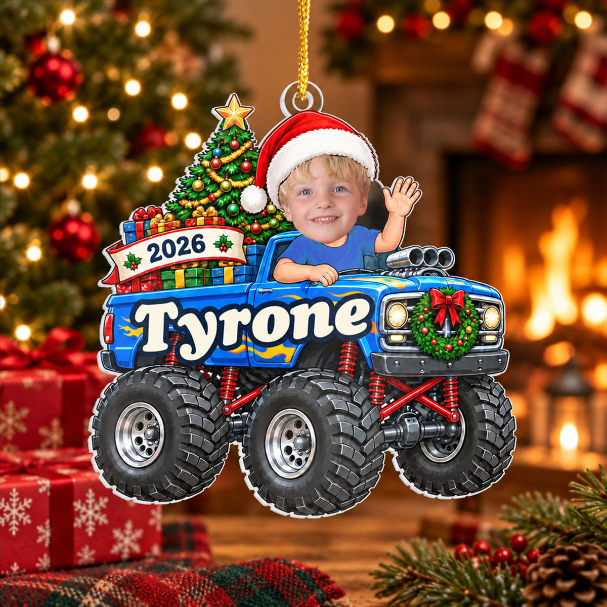 Personalized monster truck acrylic ornament, blue truck version in front of a fireplace and wrapped gifts