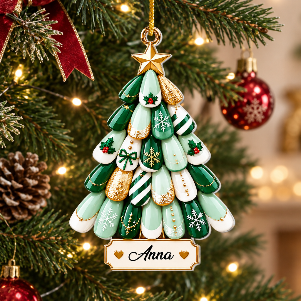 Personalized Christmas nail art tree acrylic ornament in green and white with name Anna beside a red bauble